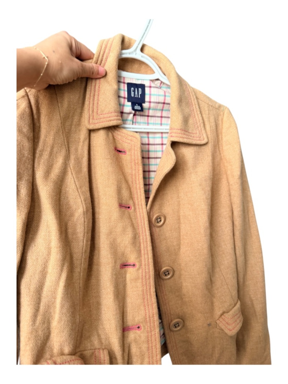 GAP Women’s Camel Wool-Blend Pea Coat with Pink Stitching
